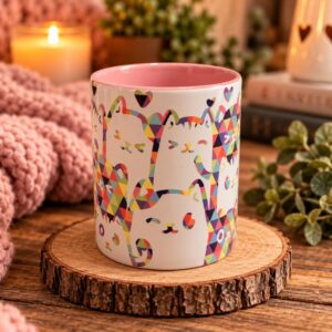 Colorful Cat Mug – Pink Interior & Handle - 11oz