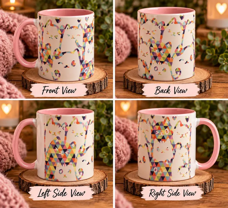 Colorful Cat Mug β Pink Interior & Handle - 11oz - Image 2