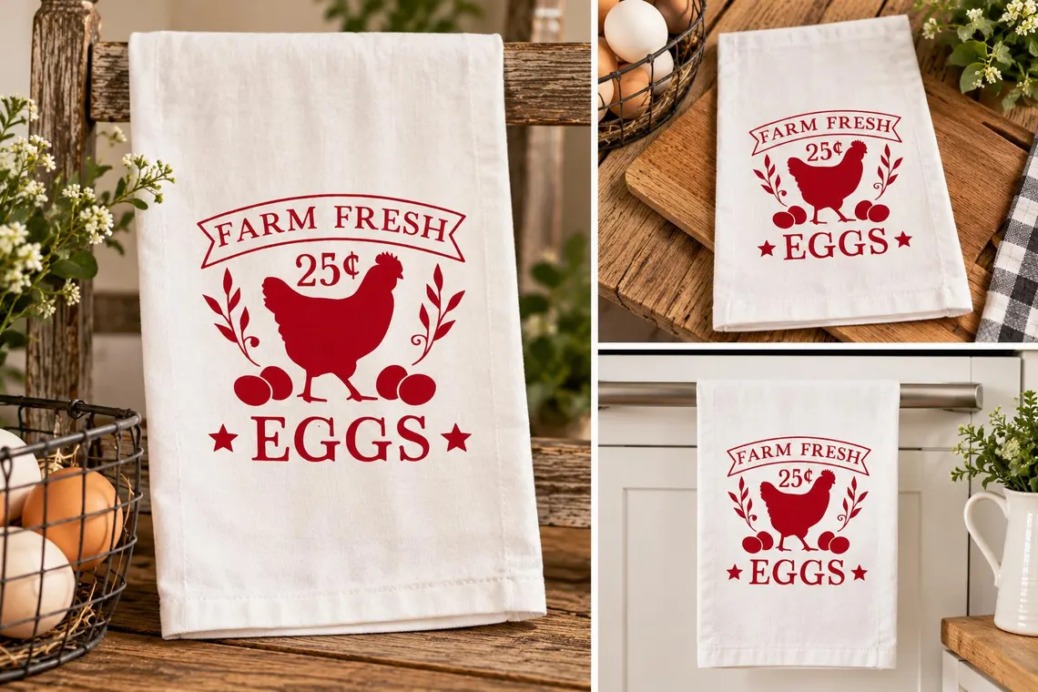 Red Farm Fresh Eggs Chicken Tea Towel - Image 2